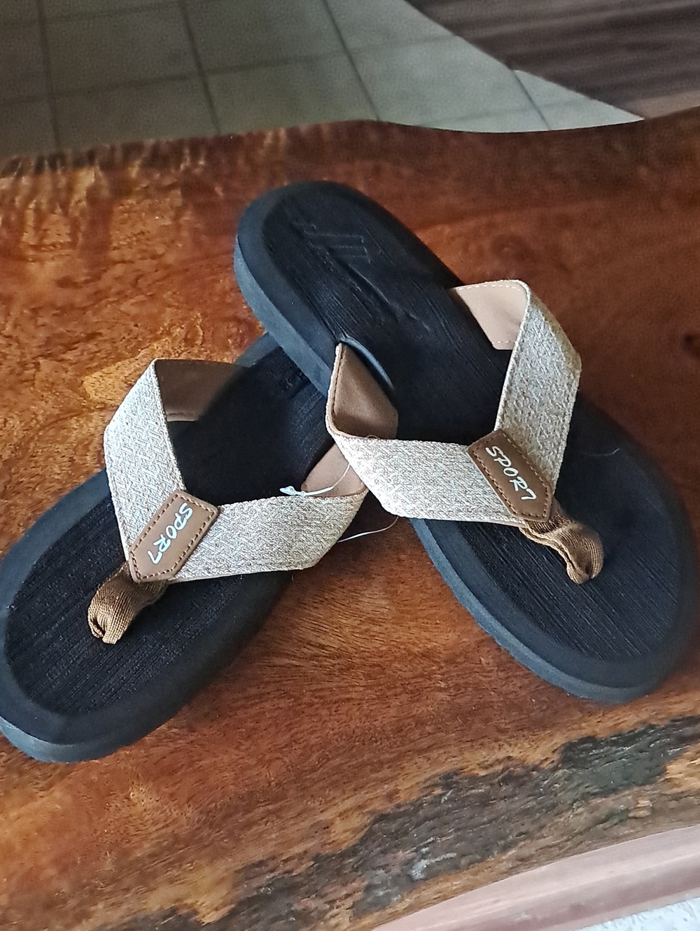 Mens Casual Beige & Brown Flip Flop Sandals - Sport Tag